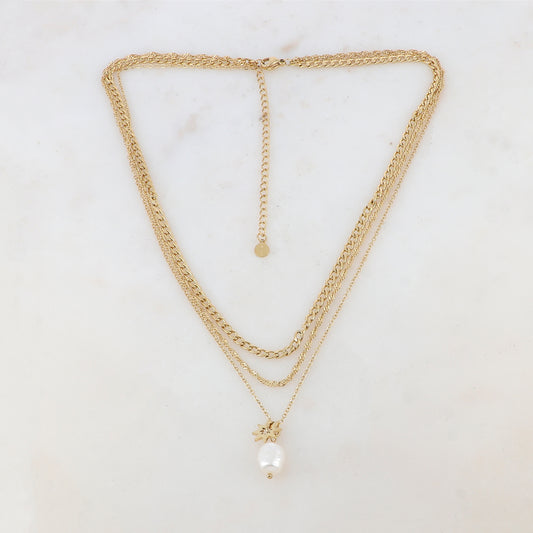 Collier triple rangs en maille avec perle d'eau douce et soleil (39/40/41+7CM)
