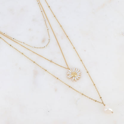 Collier triple rangs avec fleur émaillés et perle d'eau douce (38/44/56+5CM)