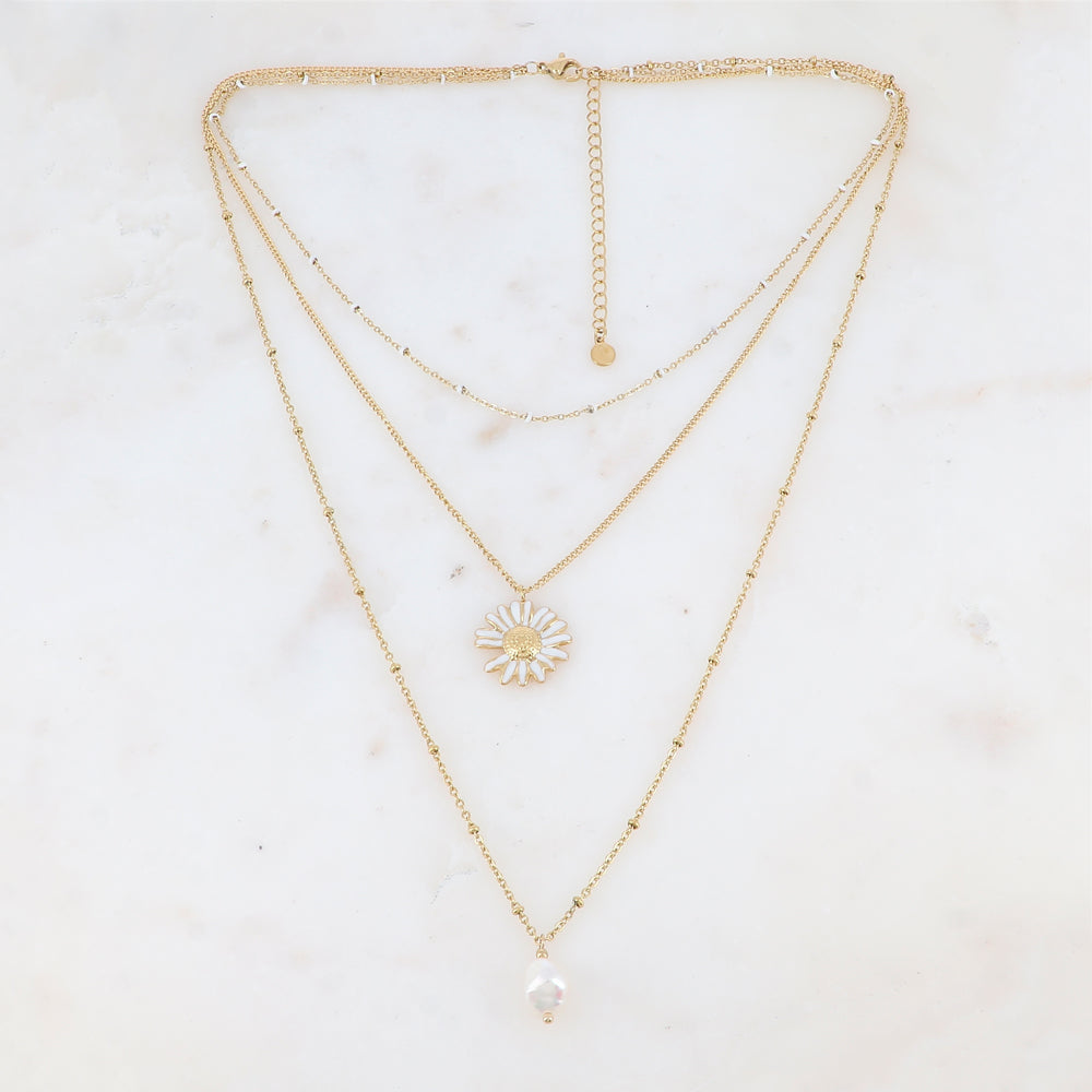 Collier triple rangs avec fleur émaillés et perle d'eau douce (38/44/56+5CM)