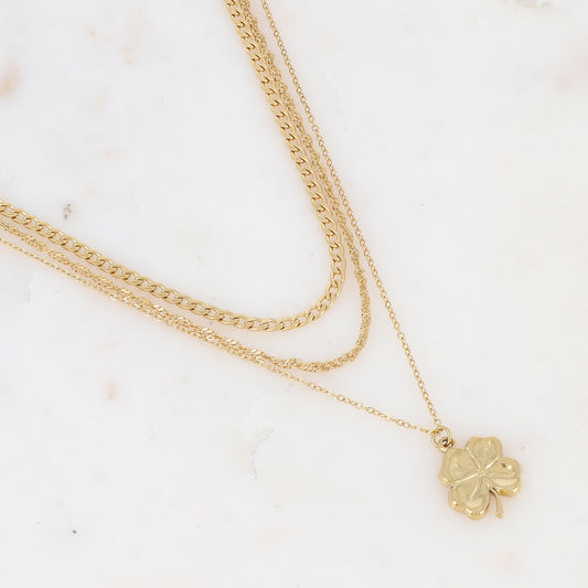 Collier triple rangs en maille avec pendentif trèfle (39/40/41+7CM)
