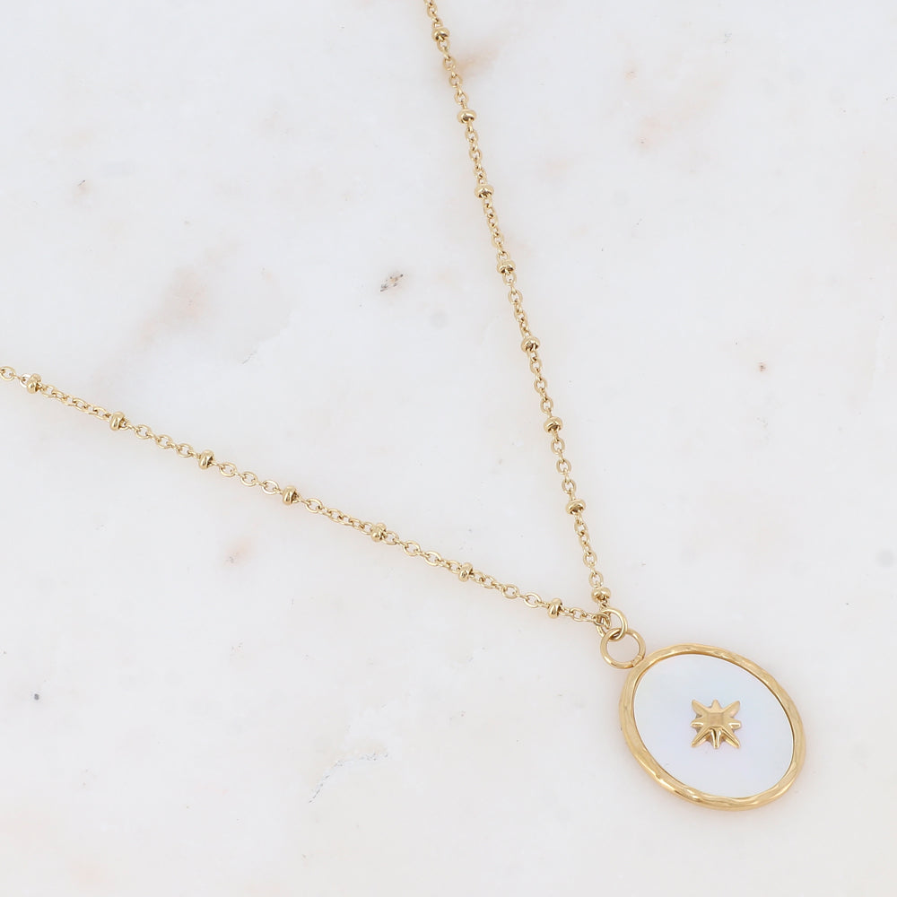 Collier avec pièce ovale, nacre et étoile gravée (45+5CM)