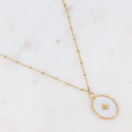 Collier avec pièce ovale, nacre et étoile gravée (45+5CM)