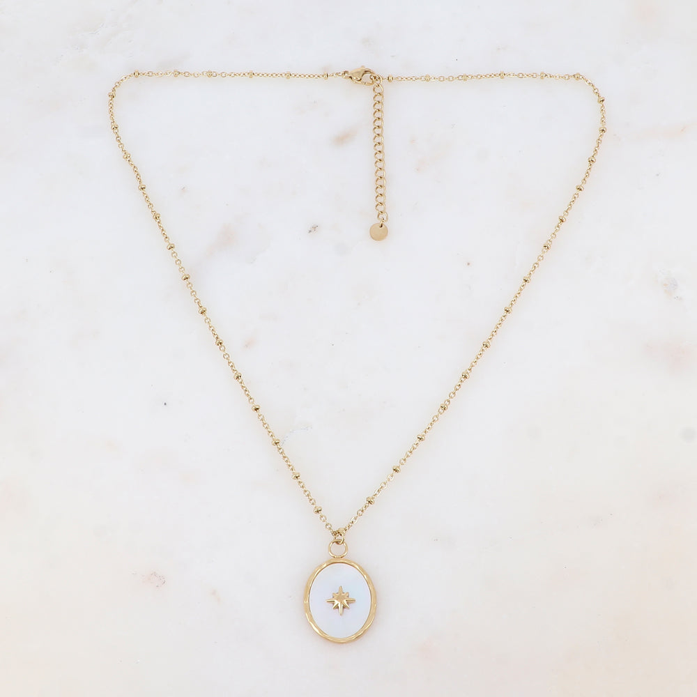 Collier avec pièce ovale, nacre et étoile gravée (45+5CM)