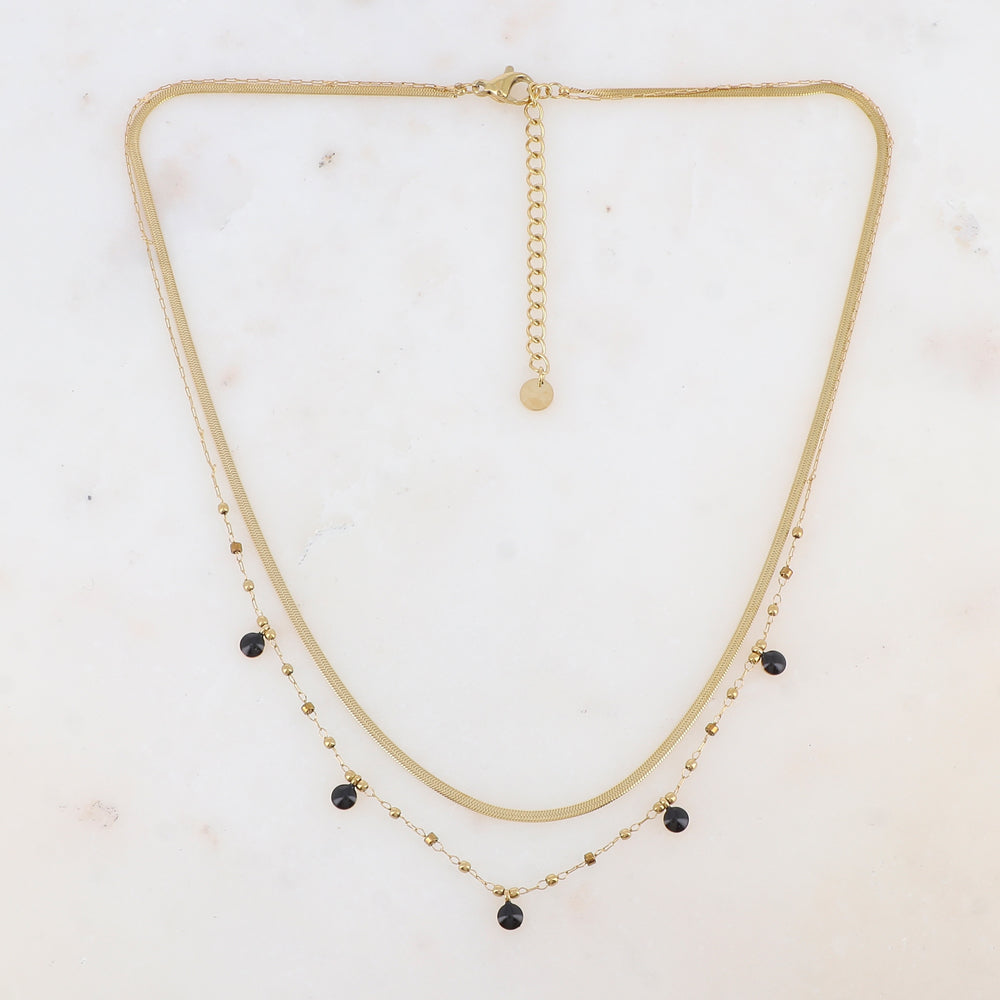 Collier double rangs avec perles de rocaille et pastilles émaillées (39/41+5CM)