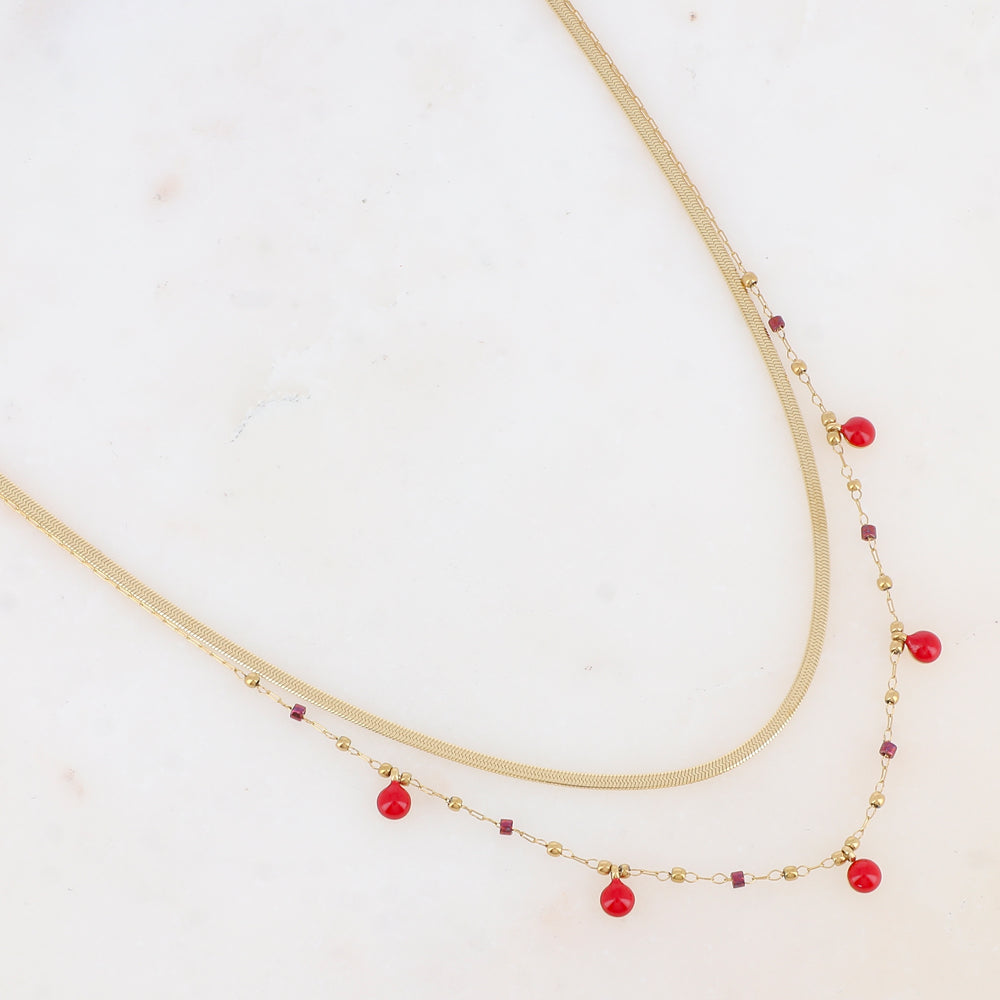 Collier double rangs avec perles de rocaille et pastilles émaillées (39/41+5CM)