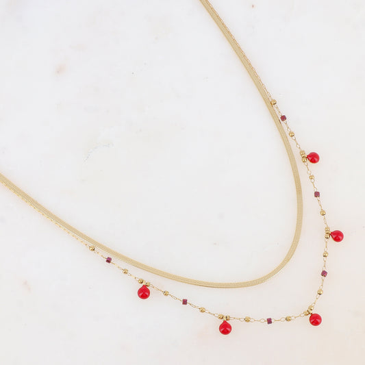 Collier double rangs avec perles de rocaille et pastilles émaillées (39/41+5CM)