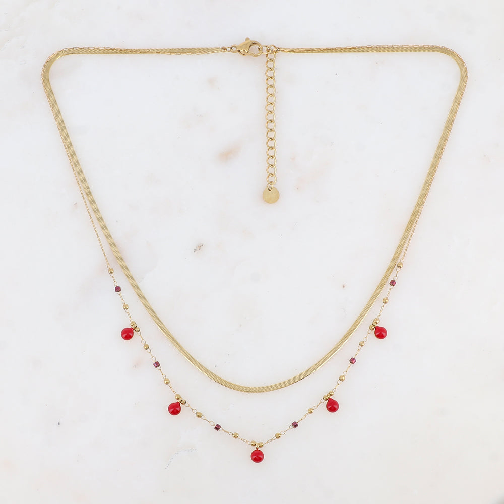Collier double rangs avec perles de rocaille et pastilles émaillées (39/41+5CM)