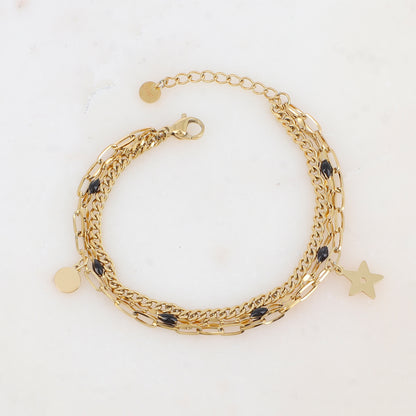 Bracelet 3 rangs avec maille, émail, pampille ronde et étoile