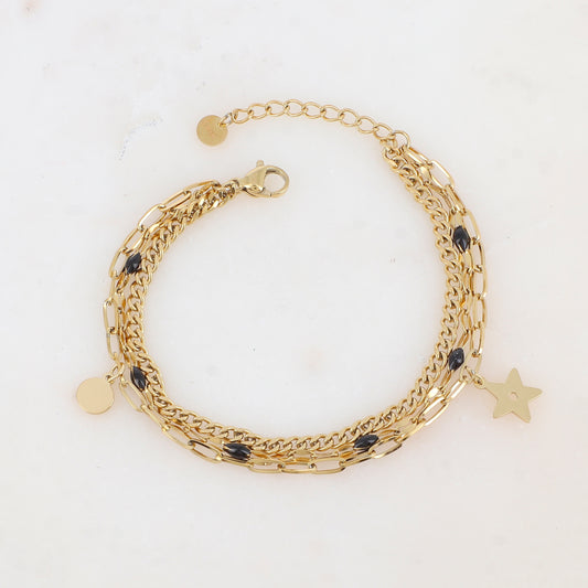 Bracelet 3 rangs avec maille, émail, pampille ronde et étoile