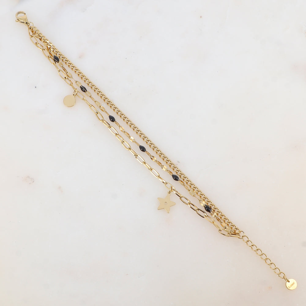Bracelet 3 rangs avec maille, émail, pampille ronde et étoile