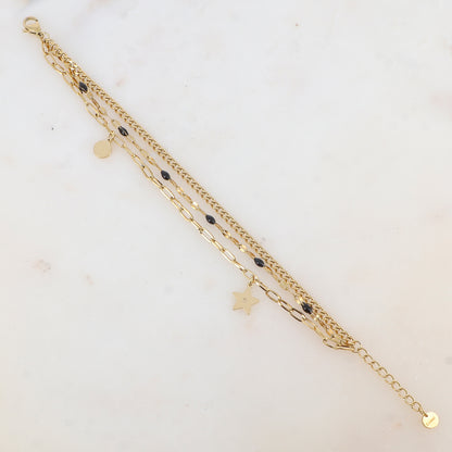 Bracelet 3 rangs avec maille, émail, pampille ronde et étoile