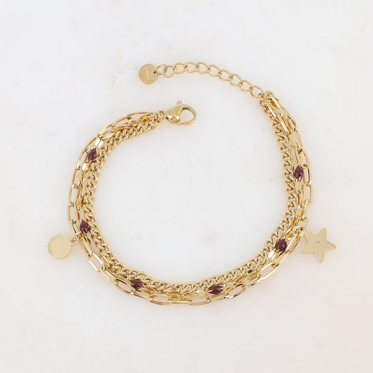 Bracelet 3 rangs avec maille, émail, pampille ronde et étoile