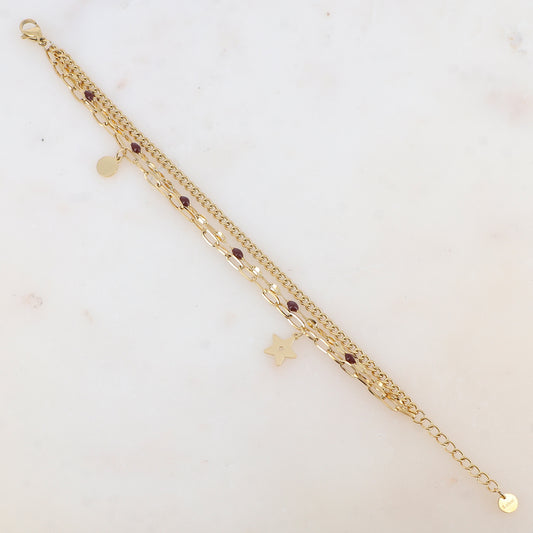 Bracelet 3 rangs avec maille, émail, pampille ronde et étoile