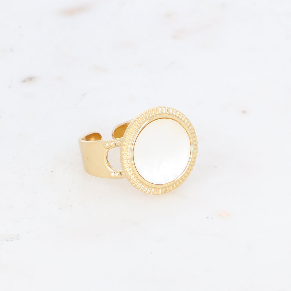 Bague avec cabochon rond en pierre naturelle - Nacre blanche