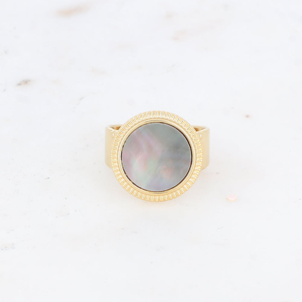 Bague avec cabochon rond en pierre naturelle - Nacre grise