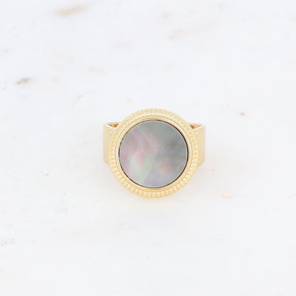 Bague avec cabochon rond en pierre naturelle - Nacre grise