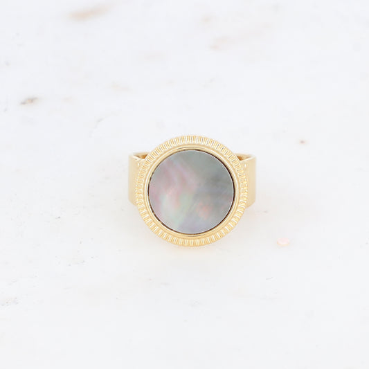 Bague avec cabochon rond en pierre naturelle - Nacre grise