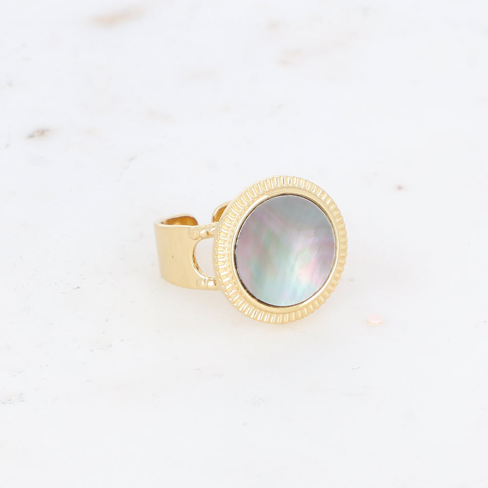 Bague avec cabochon rond en pierre naturelle - Nacre grise