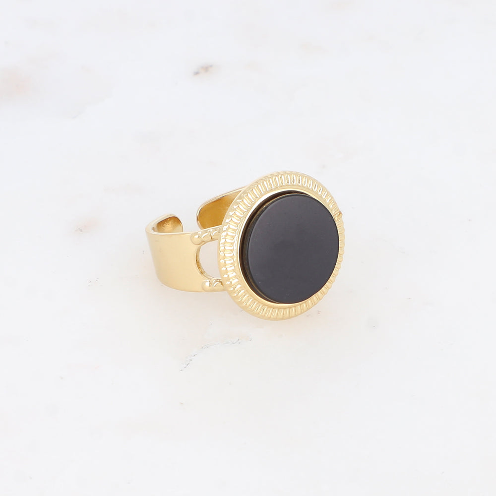 Bague avec cabochon rond en pierre naturelle - Onyx