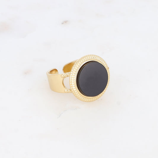 Bague avec cabochon rond en pierre naturelle - Onyx