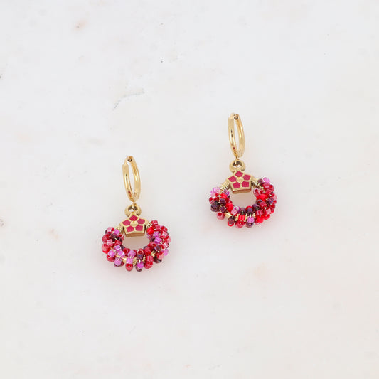 Créoles avec anneau, perles, étoile et émail 1,6 x 3,2 cm.