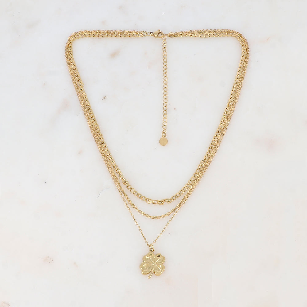 Collier triple rangs en maille avec pendentif trèfle (39/40/41+7CM)