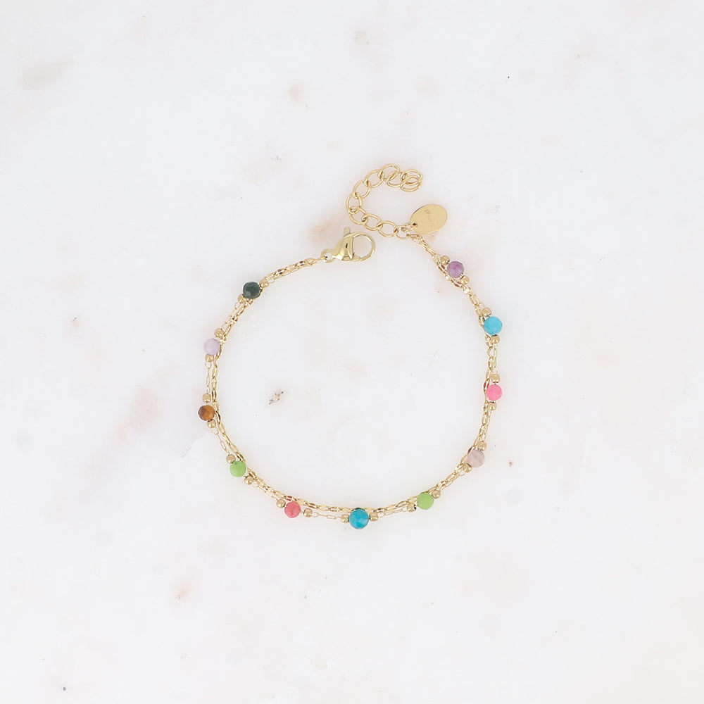 Bracelet 2 rangs - maille café plat, pierres naturelles agates multicolores (15,5+3 cm)