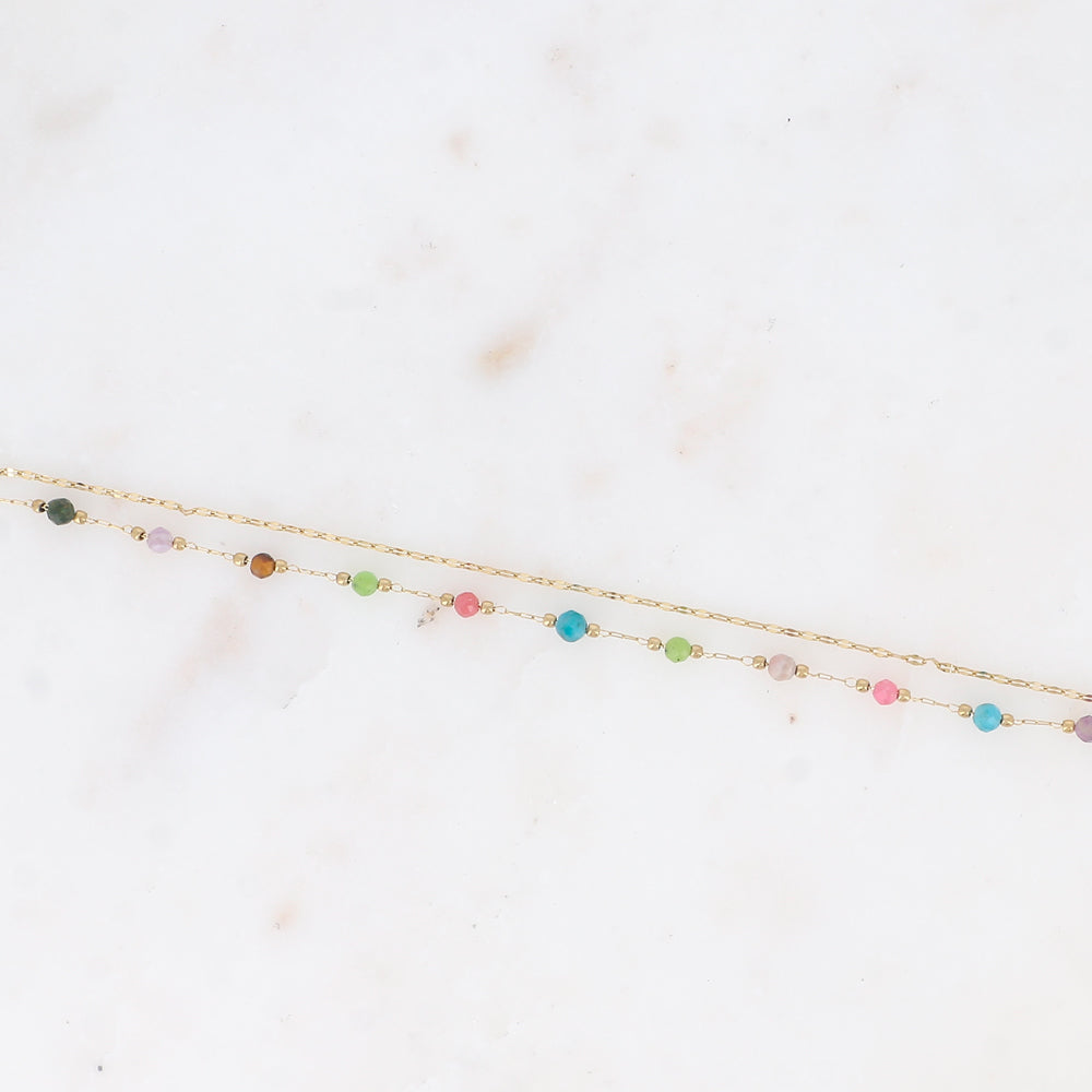 Bracelet 2 rangs - maille café plat, pierres naturelles agates multicolores (15,5+3 cm)