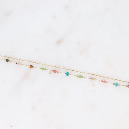Bracelet 2 rangs - maille café plat, pierres naturelles agates multicolores (15,5+3 cm)