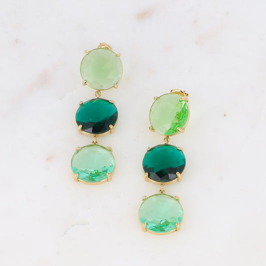 Boucles pendantes - 3 cristaux ronds plats verts - Dimensions de la boucle : 15 x 55 mm - Dimensions des cristaux : 15 x 15 mm