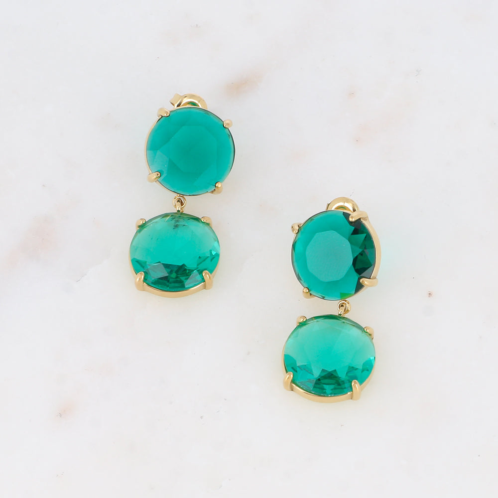 Boucles pendantes - 2 cristaux ronds plats verts - Dimensions de la boucle : 15 x 35 mm - Dimensions des cristaux : 15 x 15 mm