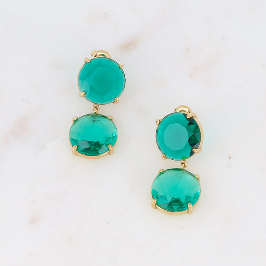 Boucles pendantes - 2 cristaux ronds plats verts - Dimensions de la boucle : 15 x 35 mm - Dimensions des cristaux : 15 x 15 mm