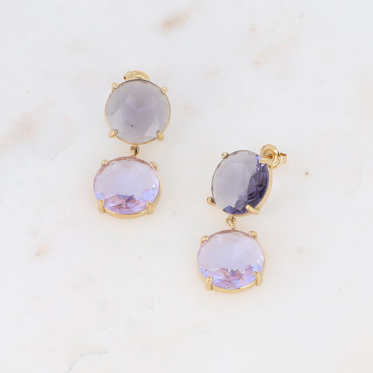 Boucles pendantes - 2 cristaux ronds plats violets - Dimensions de la boucle : 15 x 35 mm - Dimensions des cristaux : 15 x 15 mm