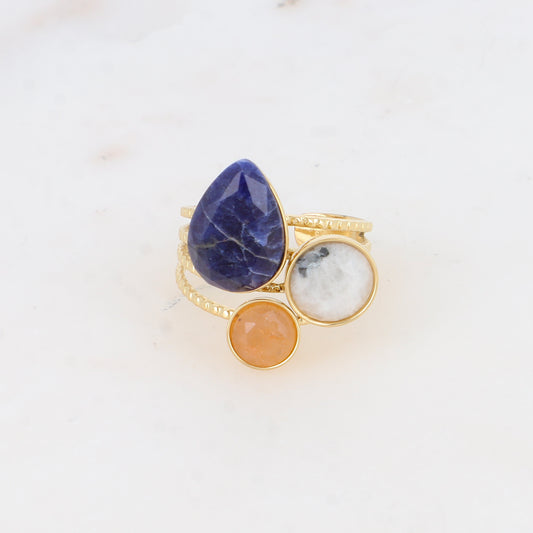 Bague - pierres naturelles goutte et rondes agate bleue, agate blanche et aventurine orange