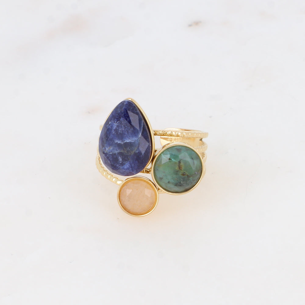 Bague - pierres naturelles goutte et rondes agate bleue, turquoise africaine, quartz fraise