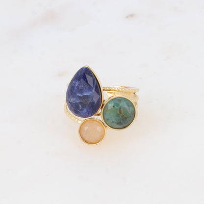 Bague - pierres naturelles goutte et rondes agate bleue, turquoise africaine, quartz fraise