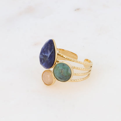 Bague - pierres naturelles goutte et rondes agate bleue, turquoise africaine, quartz fraise