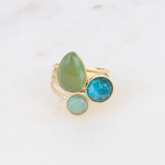 Bague - pierres naturelles goutte et rondes agate verte, apatite et aventurine verte