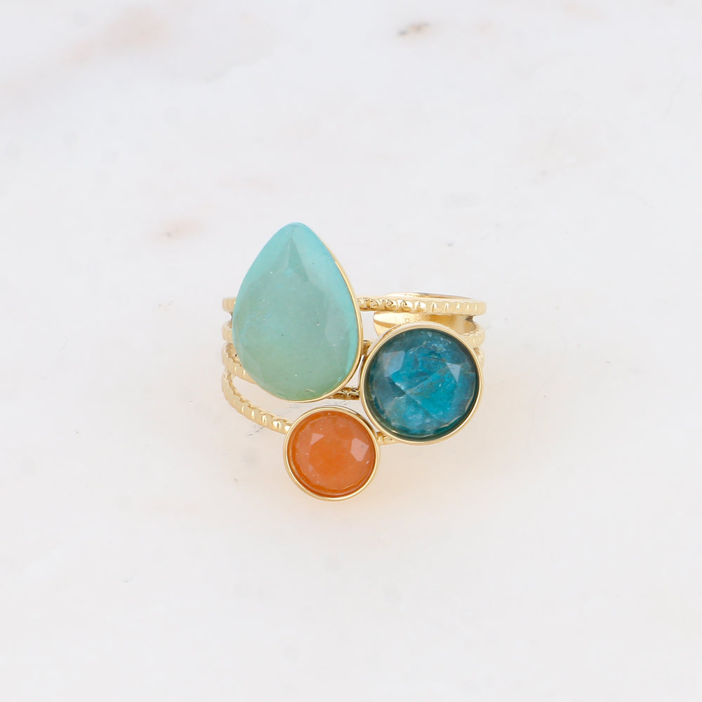 Bague - pierres naturelles goutte et rondes amazonite, apatite et aventurine orange