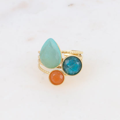 Bague - pierres naturelles goutte et rondes amazonite, apatite et aventurine orange