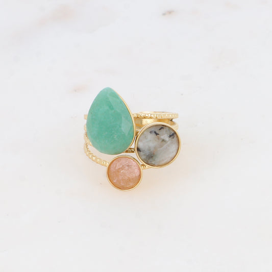 Bague - pierres naturelles goutte et rondes aventurine verte, agate blanche et quartz fraise