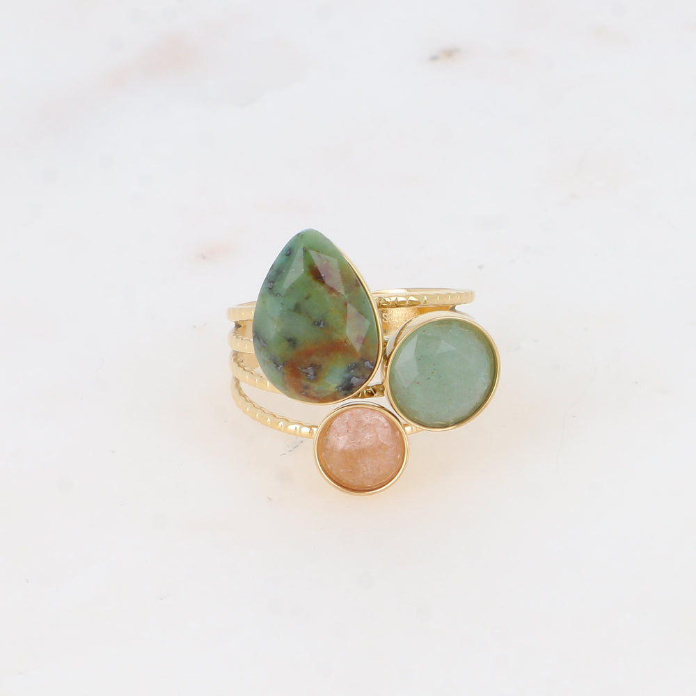Bague - pierres naturelles goutte et rondes turquoise africaine, aventurine verte et quartz fraise