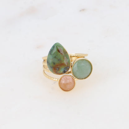 Bague - pierres naturelles goutte et rondes turquoise africaine, aventurine verte et quartz fraise
