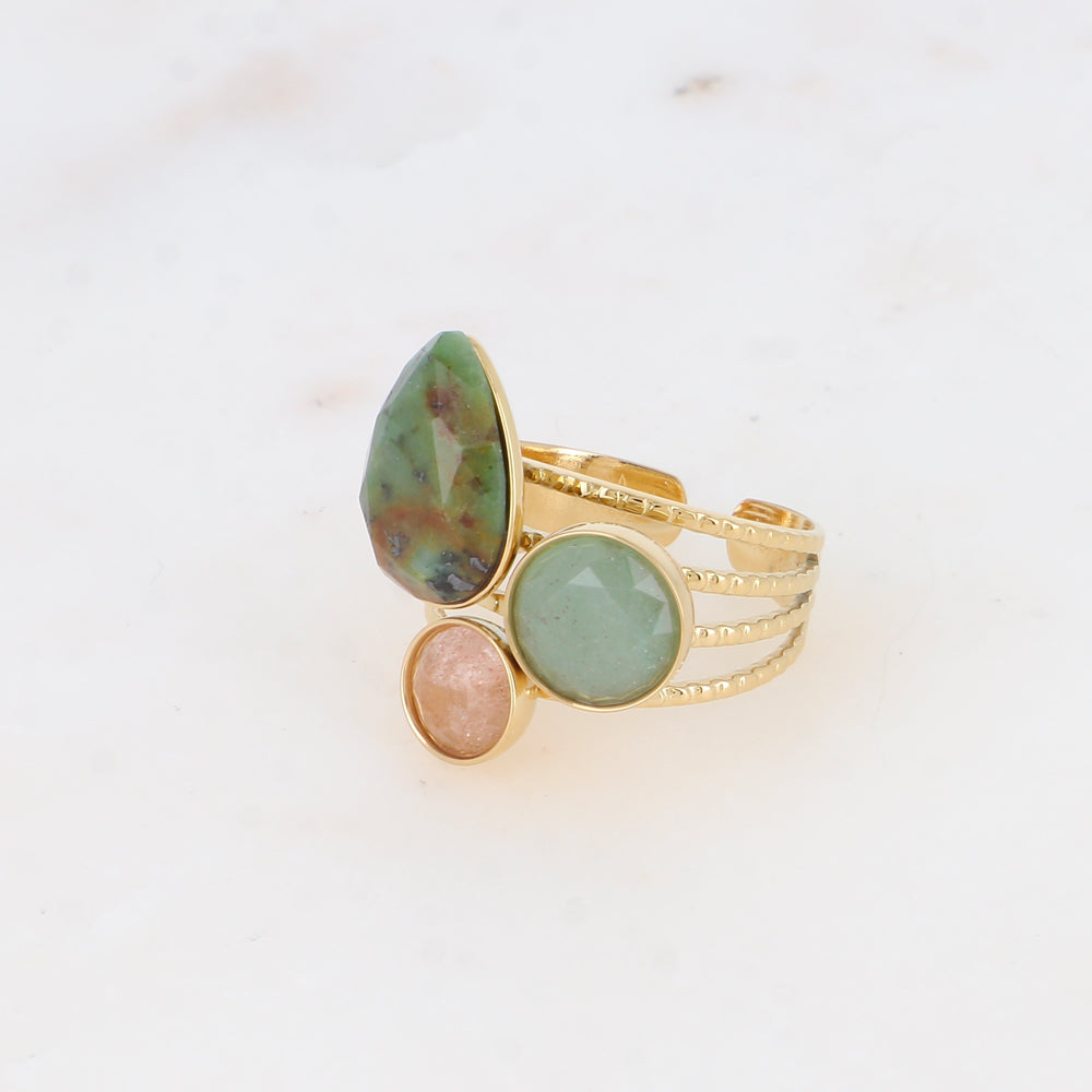Bague - pierres naturelles goutte et rondes turquoise africaine, aventurine verte et quartz fraise