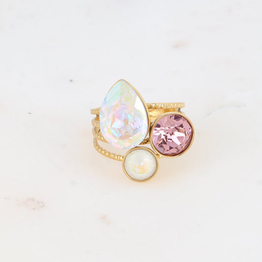 Bague - cristaux goutte et rondes (+ pierres naturelles) - AB, lt amethyst, lt grey delite