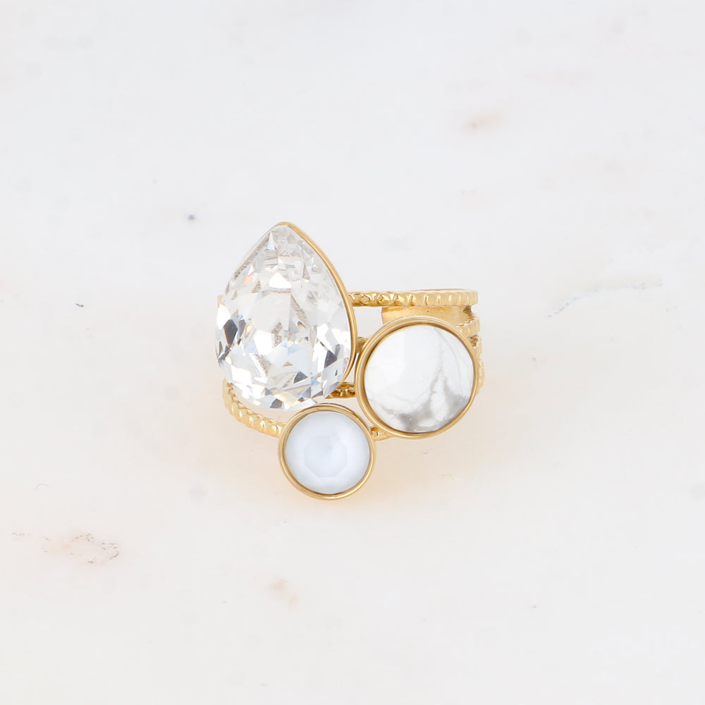 Bague - cristaux goutte et rondes (+ pierres naturelles) - crystal, howlite blanche, powder grey