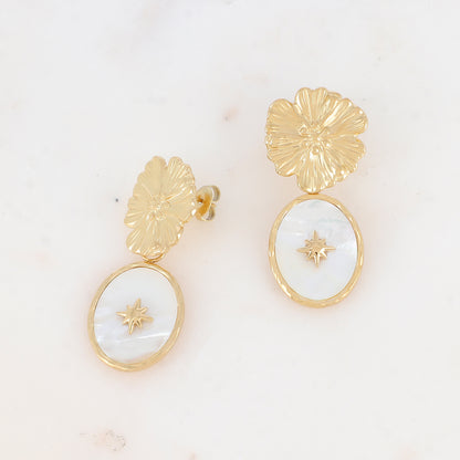 B.O à puce avec pièce à motif fleur pièce ovale, nacre et étoile gravée 1,8 x 4,2 cm