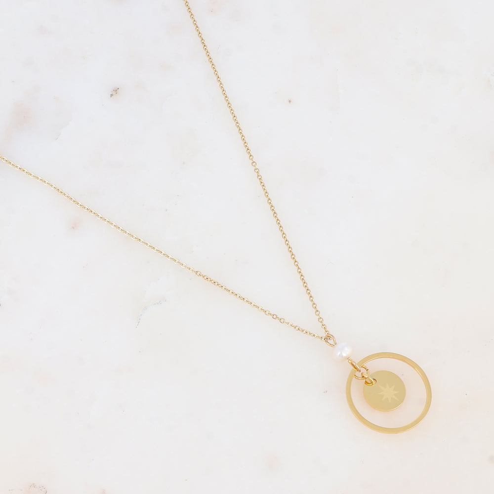 Collier avec anneau, étoile gravée et perle d'eau douce (55+5CM)