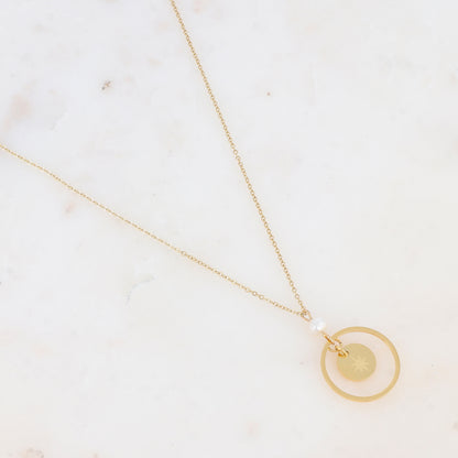 Collier avec anneau, étoile gravée et perle d'eau douce (55+5CM)