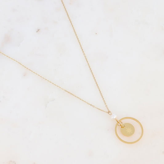 Collier avec anneau, étoile gravée et perle d'eau douce (55+5CM)